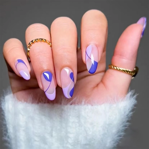 Unghie Finte Press On Forma Mandorla Lunga Geometrica Astratta Blocco Di Colore Viola Blu Plastica Per Donne