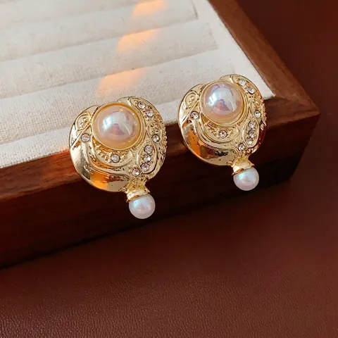 Vintage Artificial Pearl Drop Earrings For Women Luxury Rhinestone Alloy Jewelry With 925 Sterling Silver Earring Post Palace Style