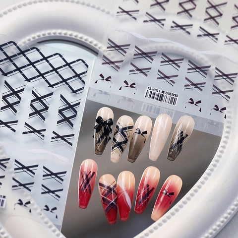 Autocollants Pour Ongles À Carreaux Vintage Style Japonais Ultra Minces Adhésifs Motifs Nœuds Décorations Manucure Élégantes