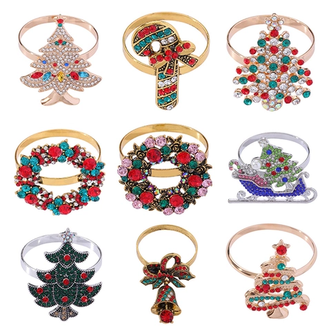 Ronds De Serviette Noël Alliage Strass Colorés Sapin Couronne Traîneau Décoration Table Fête