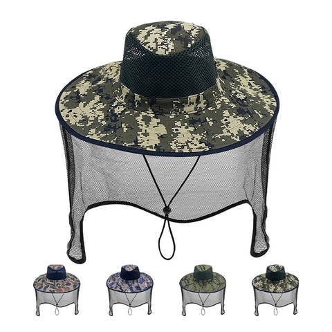 Outdoor Sun Hat Camouflage Bucket Hat With Mosquito Net Mesh Breathable UV Protection Fishing Hiking For Men