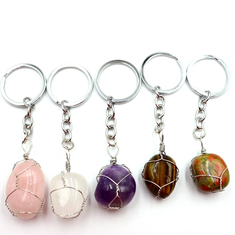 Llavero de Piedra Natural Cristal Hecho a Mano Colgante Irregular Envuelto en Alambre para Mujer Hombre Accesorios de Llave de Coche Joyería Vintage