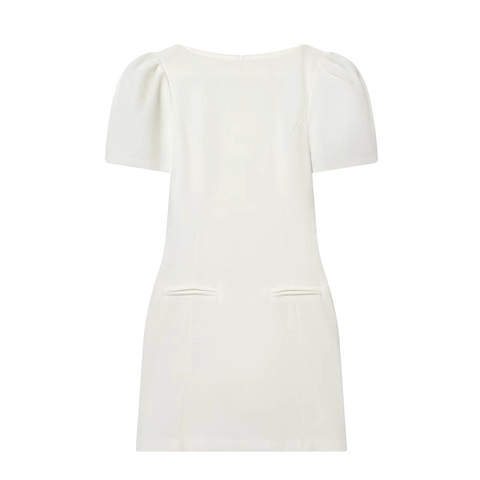 Puff Sleeve Mini Dress Polyester Round Neck Pleated Decorative Pocket Slim Fit Casual Solid Color Fashion Women Dress