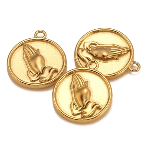 Round Praying Hands Pendant 304 Stainless Steel Religious Charms For DIY Necklace Bracelet Jewelry Making Accessories