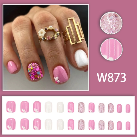 Kurze Quadratisch Runde Press On Nägel Süße Rosa Weiße Blume Glänzend Glitzer Falsche Nägel Für Frauen Minimalistisches Design