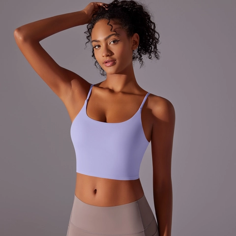 Women's Cropped Yoga Vest Fixed Padded Sports Bra Solid Color Thin Strap Backless Fitness Top Nylon Spandex Activewear