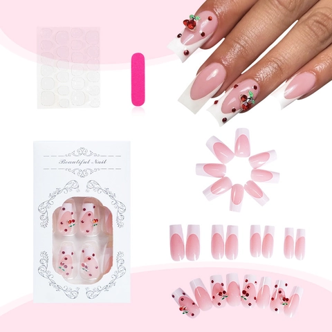 Faux Ongles A Presser Avec Décor Cerise 3D Et Strass Rouges Ongles Artificiels Longs Forme Cercueil Kit Manucure Doux