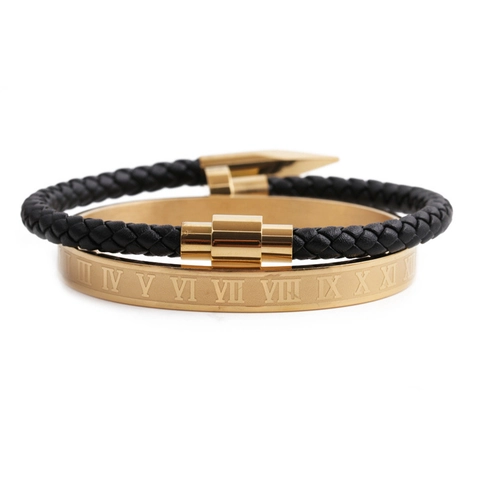 Stainless Steel Roman Numeral Bangle Braided Leather Bracelet Jewelry Set For Men Women Minimalist Fashion Hand Jewelry Gold Silver Black