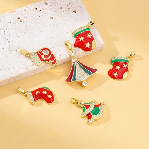 Christmas Tree Sock Glove Charms 18K Gold Plated Copper Enamel Zircon Pendants DIY Jewelry Making Necklace Accessories