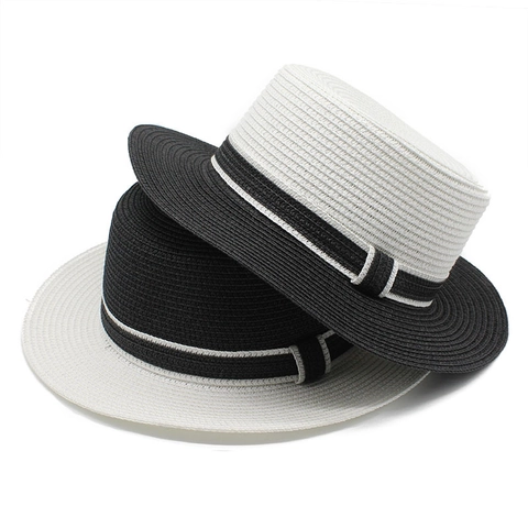 Contrast Color Straw Woven Boater Hat Flat Top Wide Brim Sun Protection Summer Beach Casual Fedora Style For Women Men