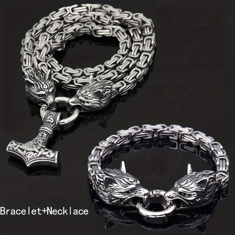 Viking Thor's Hammer Necklace And Wolf Head Bracelet Stainless Steel Nordic Mythology Vintage Jewelry For Men Women
