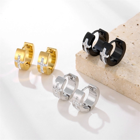 Cross Huggie Hoop Earrings Stainless Steel Zircon Inlaid Carved Geometric Punk Hip Hop Jewelry For Men Women