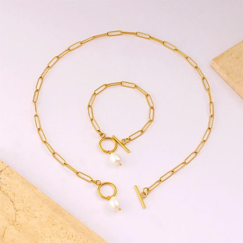 Eleganti Gioielli in Acciaio Inossidabile per Donna Catena a Maglie Dorate Fibbia OT Ciondolo in Madreperla Collana Bracciale