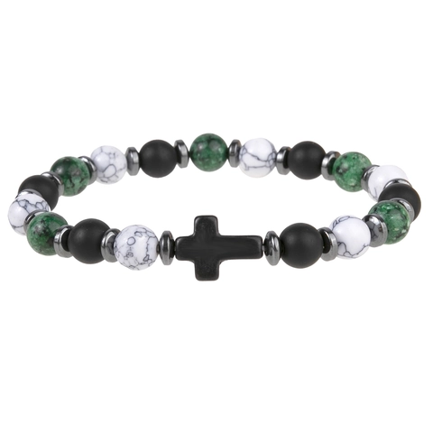 Beaded Bracelet Natural Stone Hematite Turquoise Cross Pendant Elastic Religious Retro Style Unisex