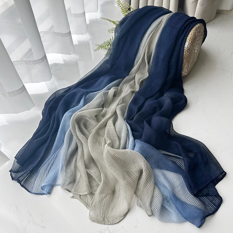Damen Literarischer Farbverlauf Plissee Maulbeerseidenmischung Schal Dip-Dyed Lang Großer Schal Turban Ethno Vintage Schal