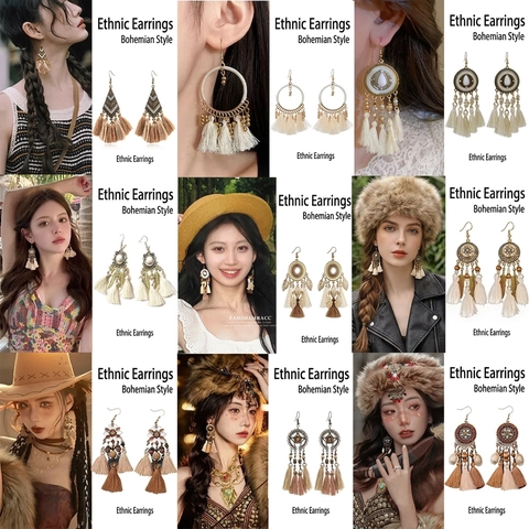 Bohemian Ethnic Tassel Drop Earrings For Women Vintage Alloy Cotton Thread Enamel Geometric Dangle Jewelry Gift