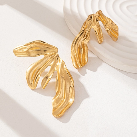 Orecchini a Bottone a Forma di Foglia Irregolare in Lega Oro Vintage Orecchini Artistici a Onda in Metallo per Donna