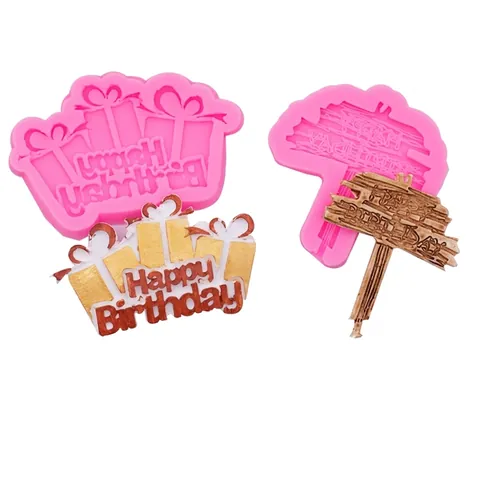 Happy Birthday Cake Decoration Silicone Mold For Chocolate Fondant Sugarcraft Gift Box Wooden Sign Shape DIY Baking Tool