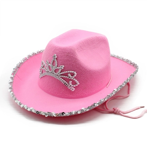 Chapeau De Cowboy Rose Western Feutre Polyester Avec Paillettes Argentées Et Couronne Pour Femmes Fête Festival Cordon