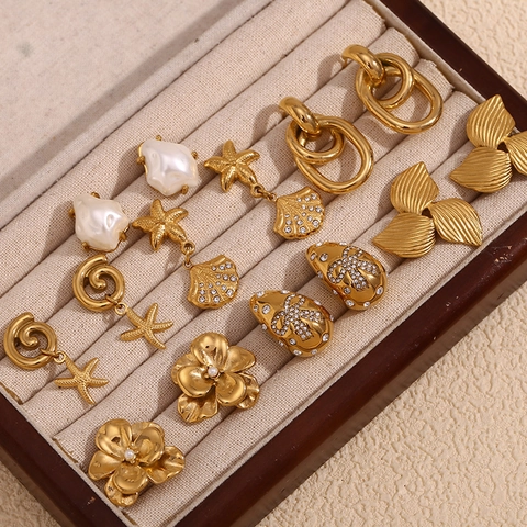 Orecchini Stella Marina Conchiglia Fiore Perla Artificial Vintage Acciaio Inossidabile Placcato Oro Gioielli Eleganti Per Donne