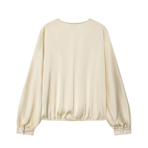 Blusa De Mujer Textura Satén Manga Larga Cuello V Parte Delantera Cruzada Elegante Color Sólido Dobladillo Elástico
