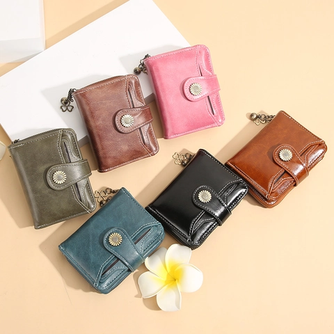 Women Small Wallet PU Leather Vintage Style Multi Card Slots Zipper Coin Pocket Sunflower Snap Clover Charm