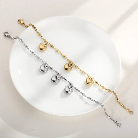 Stainless Steel Heart Pendant Bracelet Minimalist Bead Chain With Hearts Elegant Jewelry For Women Girls