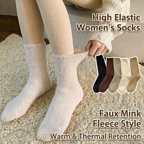 Women Fuzzy Socks Thickened Faux Mink Velvet Thermal Warm Sleeping Home Floor Crew Socks Elastic Soft Solid Color