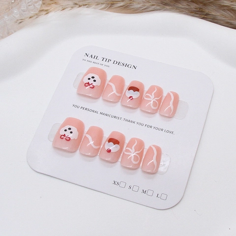 Press On Nails Handmade Resin Short Square Pink Cute Dog Bow Pattern Sweet Reusable Manicure For Women