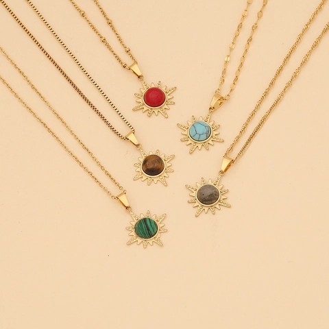 Retro Zonnestraal Hanger Ketting Roestvrij Staal Natuursteen Verguld Vintage Sieraden Voor Dames
