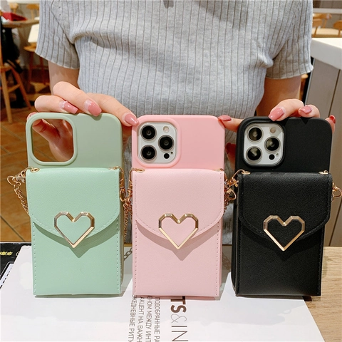 Crossbody Wallet Phone Case With Metal Chain Heart Buckle PU Leather Card Holder Handbag Strap Soft TPU