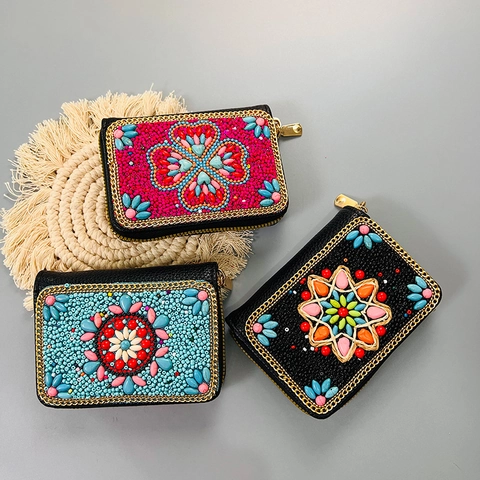 Handmade Bohemian Beadwork Accordion Card Holder PU Leather Ethnic Vintage Multi Slot Coin Purse With Metal Zipper For Women