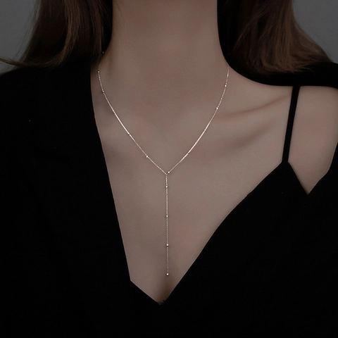 Collana Lunga Minimalista a Forma di Y Con Nappa di Perline per Donna Elegante in Rame Galvanizzato Oro Argento Gioielli Regalo