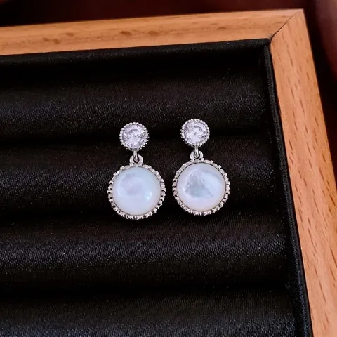Ronde Hanger Oorbellen Met 925 Sterling Zilveren Oorsteker Zirkoon Koper Hars Schelp Vintage Elegante Sieraden Vrouwen