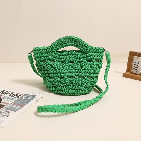 Handmade Crochet Woven Shoulder Bag Hollow Cotton Thread Crossbody Handbag For Women Beach Vacation Style