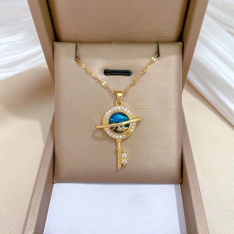 Sleutel Hanger Ketting Roestvrij Staal Koper Blauwe Planeet Sterrenhemel Vergulde Sieraden Dames