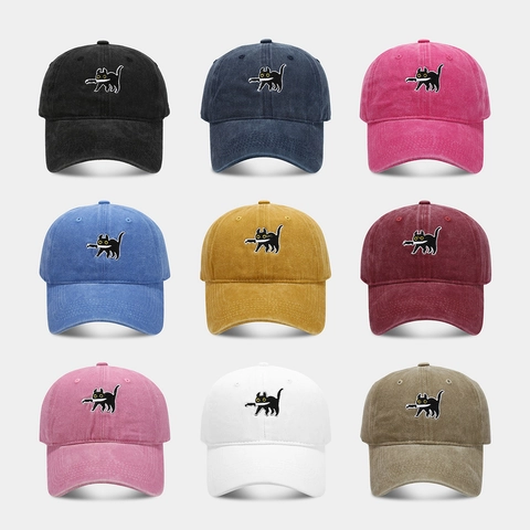 Casquette De Baseball Coton Lavé Brodé Chat Dessin Animé Avec Couteau Chapeau Soleil Ajustable Vintage Dad Hat