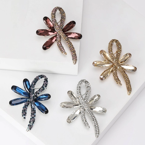 Korean Fashion Alloy Dragonfly Bow Brooch For Women Sparkling Rhinestone Inlaid Corsage Clothing Accessories Luxury Jewelry