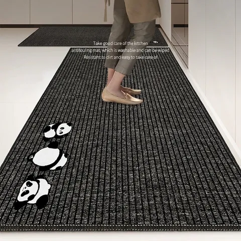 Kitchen Floor Mat Polyester Loop Pile Striped Non-Slip Oil-Proof Waterproof Rug For Home Cooking Area Panda Pattern