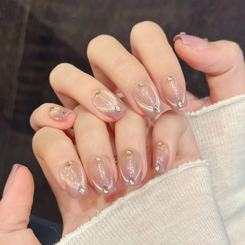 Uñas Postizas Hechas A Mano Degradado Rosa Púrpura Efecto Ojo De Gato Con Diamantes De Imitación Elegante Lujo