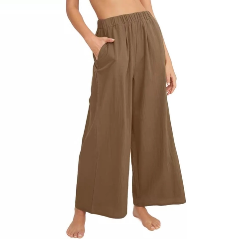 Women Wide Leg Pants Cotton Linen High Waisted Elastic Waist Casual Loose Long Trousers With Pockets