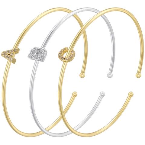 Initial Open Cuff Bangle For Women Gold Plated Copper Inlaid Zircon 26 Letters Minimalist Adjustable Bracelet Elegant Jewelry