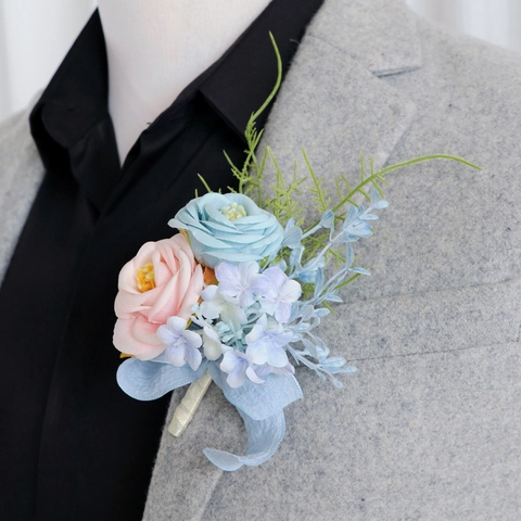 Elegant Artificial Satin Rose Boutonniere For Groom Bride Wedding Party Accessories Pink Blue Flower Brooch Pins