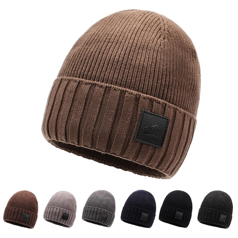 Winter Knitted Beanie Hat Ribbed Warm Thick With Mountain Leather Patch And Satin Lining Outdoor Skiing For Men Women