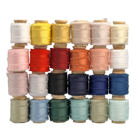 Handmade Frayed Edge Chiffon Ribbon Satin-Like Soft Decorative Webbing With Wood Spool For Wedding Gift Wrap DIY Crafts