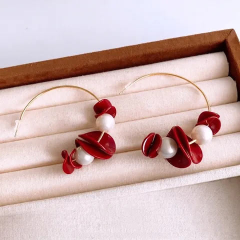Fashion Hoop Drop Earrings With Red Resin Petal Beads Imitation Artificial Pearl And 925 Sterling Silver Earring Post