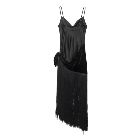 Robe Midi À Col Bénitier Noir Satin Velours Patchwork Bretelles Spaghetti Franges Tassel Élégant Fête Soirée Pour Femmes