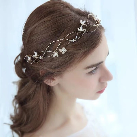 Viña De Pelo De Novia Flor Perla Artificial Diadema De Boda Aleación Tocado Tejido Con Cinta De Tul Para Mujeres Novia Joyas