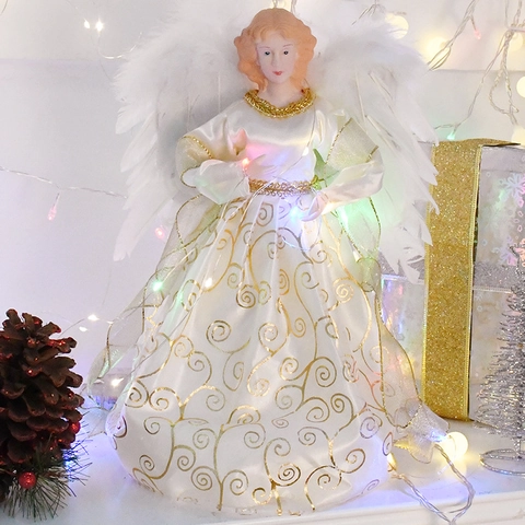 Elegant Christmas Angel Tree Topper With LED Lights Feather Wings White Fabric Gown Holiday Decor For Home