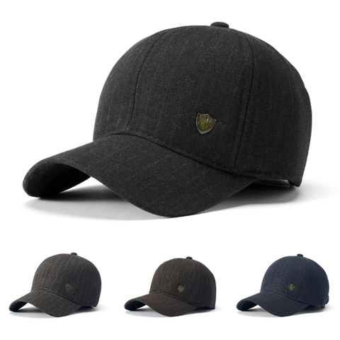 Winter Baseballkappe Herren Nadelstreifen Warm Winddicht Fleecegefüttert Ohrenschutz Outdoor Freizeithut Metallschild